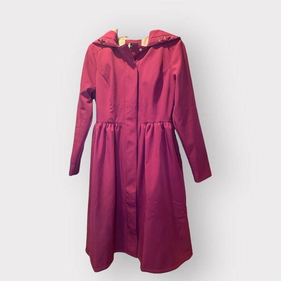 Women’s Fuchsia Pink Hooded Waterproof Button Up Peplum Rain Coat Dress - Picture 7 of 14